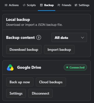 Local and Google Drive backup panel