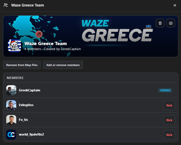 Waze Greece Team group management page