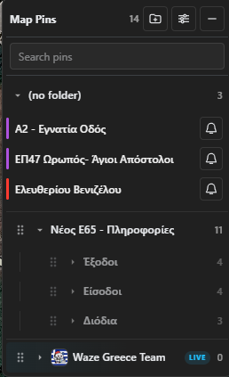 Map Pins panel with folders and subfolders
